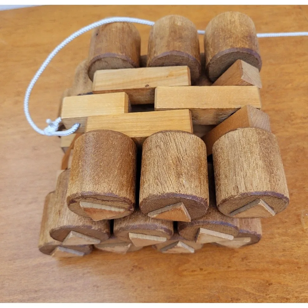 Vtg Wooden Pull Toy Rolling Folding Blocks Geometrical Cylinders Natural‎ Play